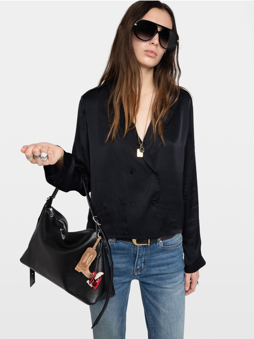 ZADIG&VOLTAIRE Black Satin Button-Front Blouse